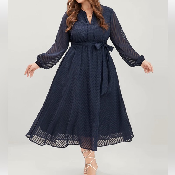 BloomChic Dresses & Skirts - New! Navy Geometric Pocket Mesh Lantern Sleeve Belted Dress Size 18-20 or 2X
